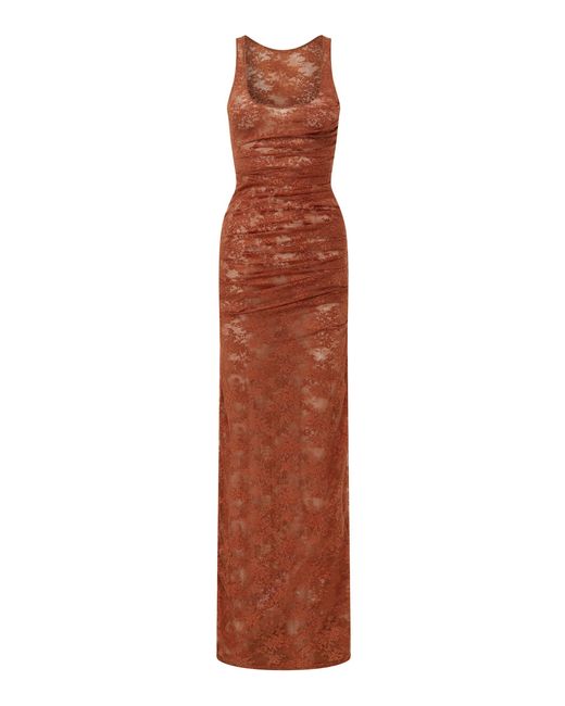 Alex Perry Brown Singlet Sheer Stretch Lace Column Maxi Dress