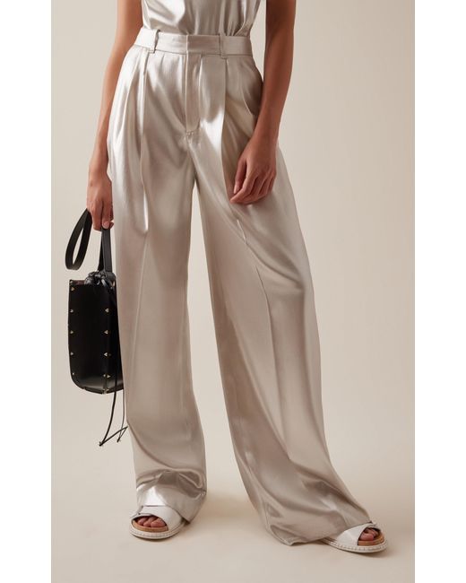 Chloé White Pleated Metallic Silk Wide-leg Pants