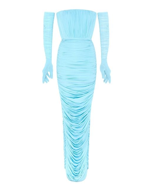 Alex Perry Blue Padget Gloved Ruched Mesh Gown