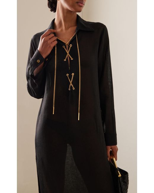 Michael Kors Black Lace-up Sheer Linen Tunic Maxi Dress