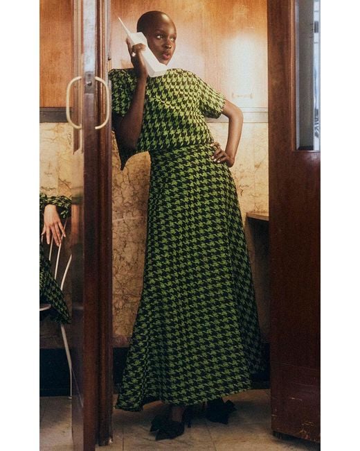 LEO LIN Green Rosalyn Houndstooth Tweed Maxi Skirt