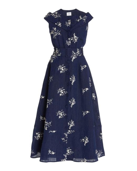 Erdem Blue Clarisia Belted Floral-embroidered Linen Midi Dress