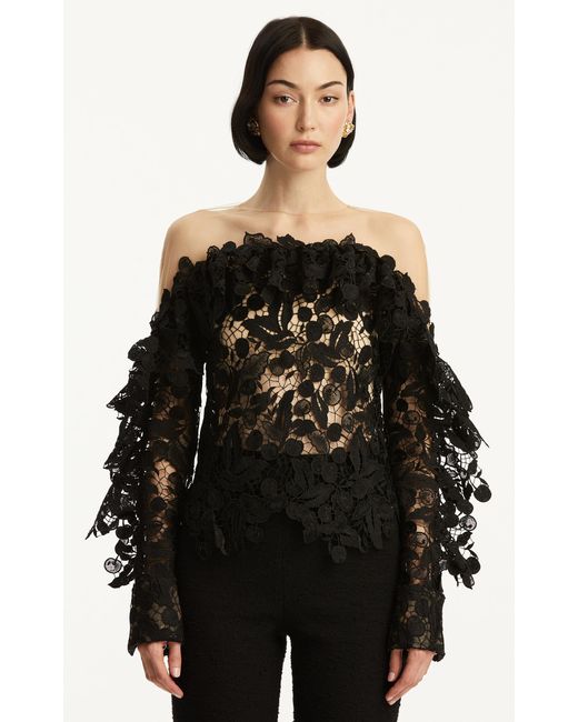 Oscar de la Renta Black Off-The-Shoulder Guipure Top