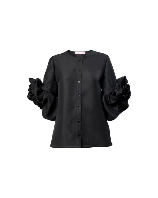 Carolina Herrera Black Flower-Sleeve Textured Gazar Top