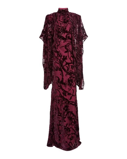 Zuhair Murad Red Velvet Devore Long Dress With Sleeves