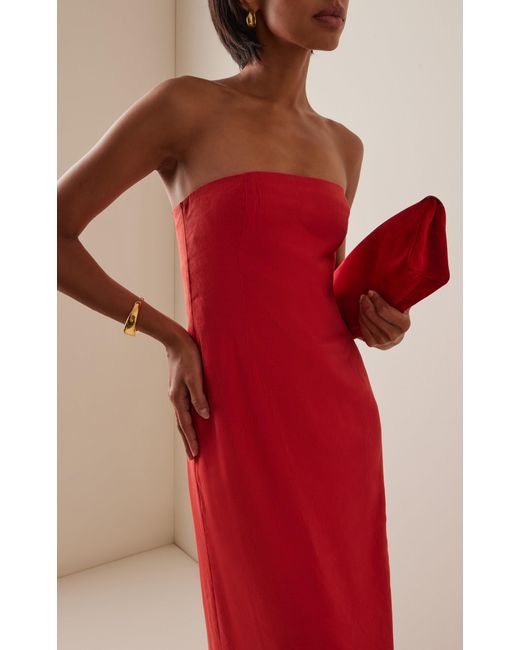 Third Form Red Flame Strapless Linen-Blend Midi Dress