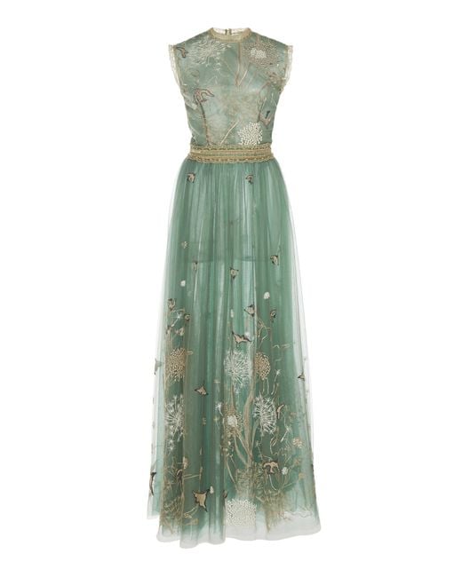 Costarellos Green Story-telling Embroidered Tulle Dress