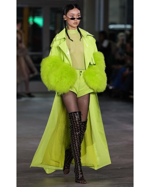 LAPOINTE Yellow Double-breasted Vinyl And Marabou Trench Coat