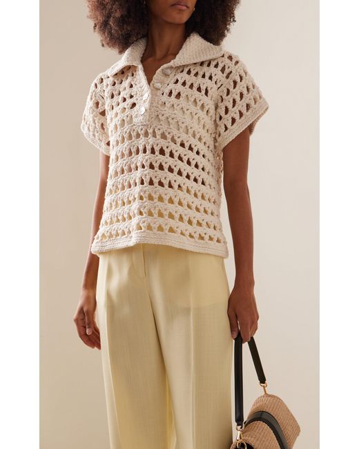 Nia Thomas White Penelope Crocheted Cotton Polo Shirt