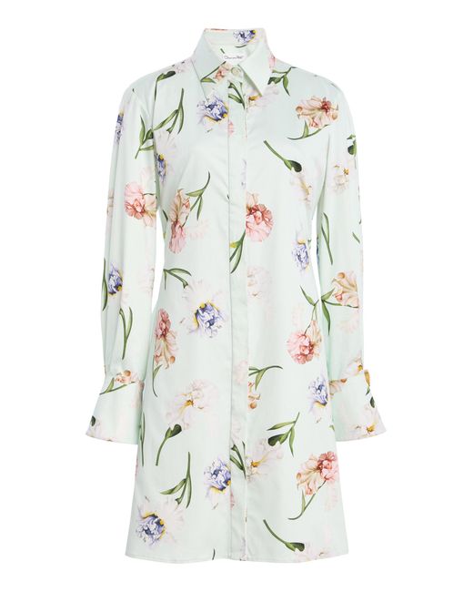 Oscar de la Renta White Collared Painted Iris Poplin Mini Dress