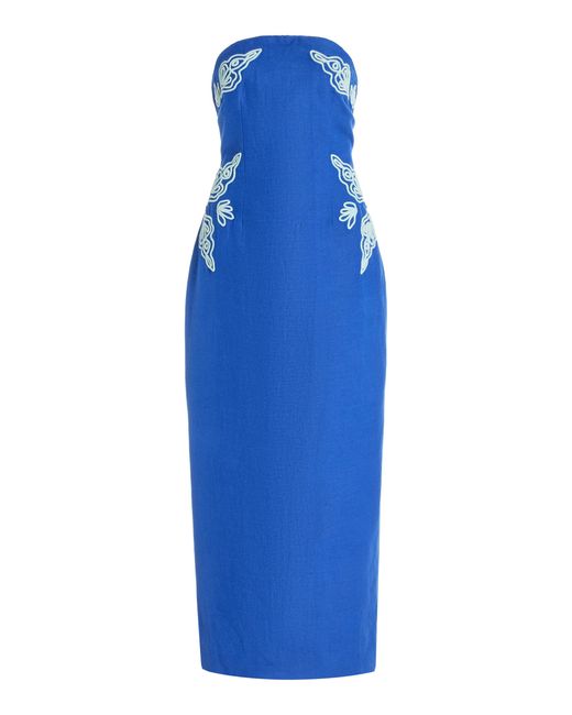 Significant Other Blue Rosslyn Strapless Embroidered-slub Midi Dress