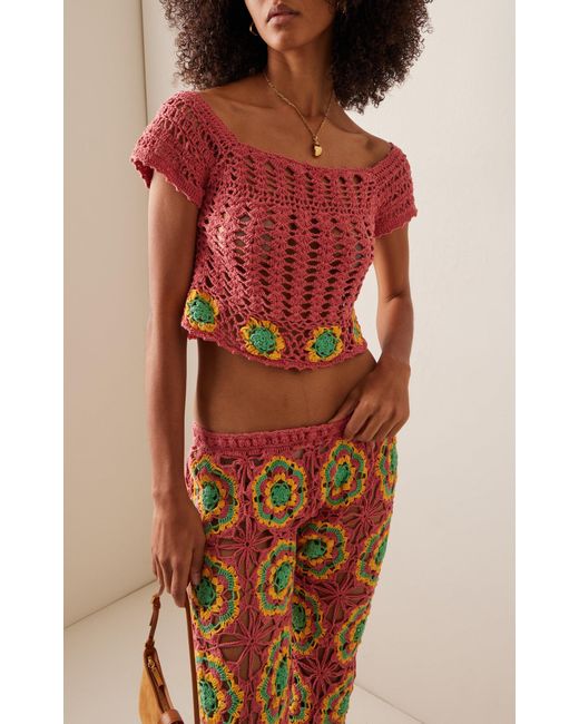 Akoia Swim Red Exclusive Crocheted Cotton Top And Pant Set