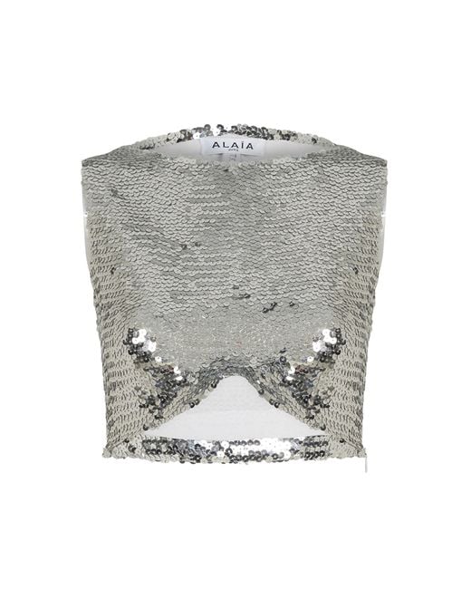 Alaïa Gray Sequin Cropped Top