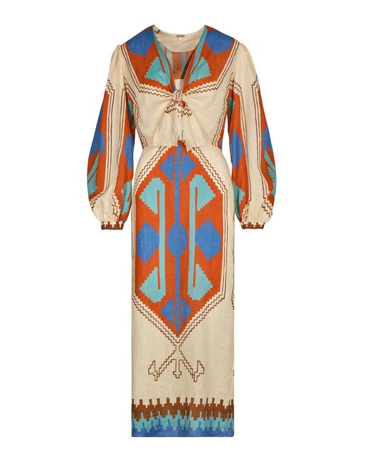 Johanna Ortiz Orange Sailing Flags Printed Linen Midi Dress Palm Beach