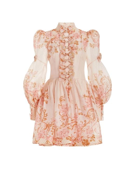 Zimmermann Pink Postcard Bow-detailed Floral Linen-silk Mini Dress