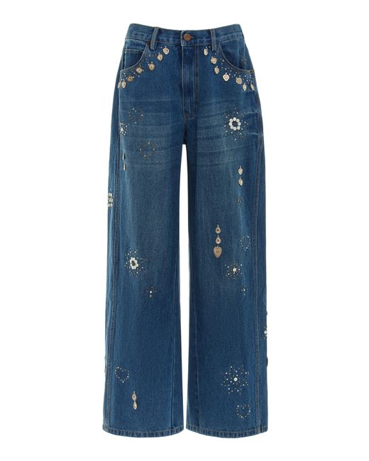 Sea Blue Betina Beaded Rigid Low-rise Wide-leg Jeans