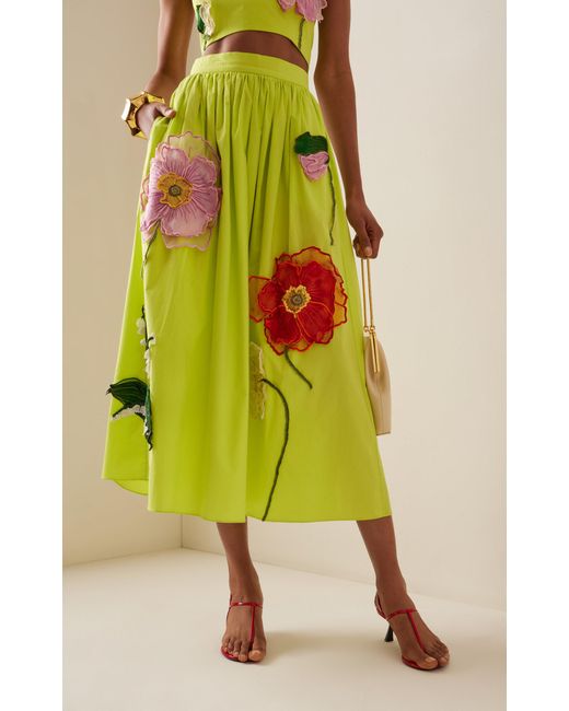 Oscar de la Renta Green Floral-appliquéd Cotton Maxi Skirt