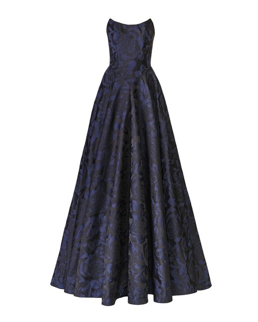 Naeem Khan Blue Floral Jacquard Bustier Strapless Gown