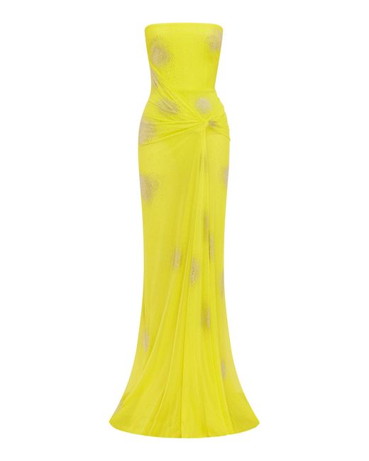 Alex Perry Yellow Strapless Draped Crystal Mesh Gown