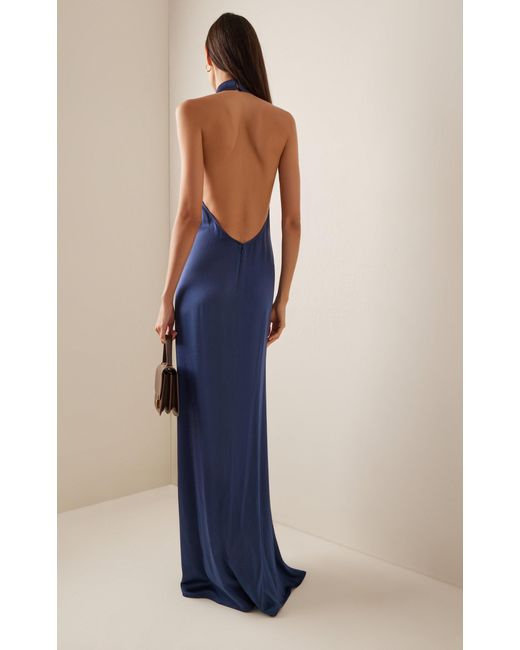 LAPOINTE Blue Backless Satin Halter Gown