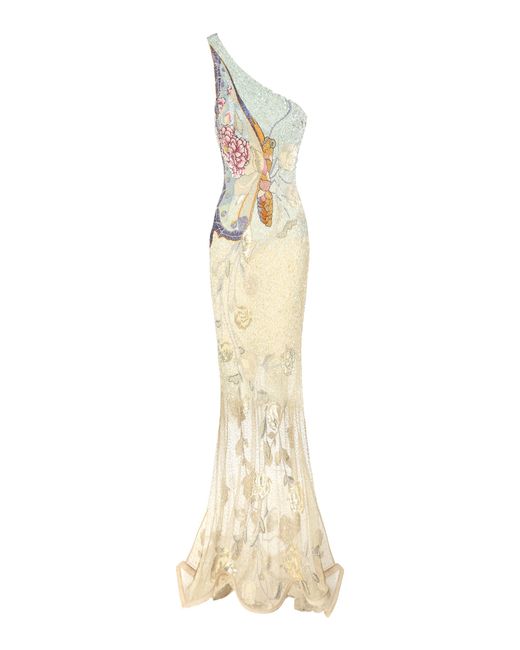 La Fuori Metallic Whispering Wings Tapestry Embellished Tulle Gown