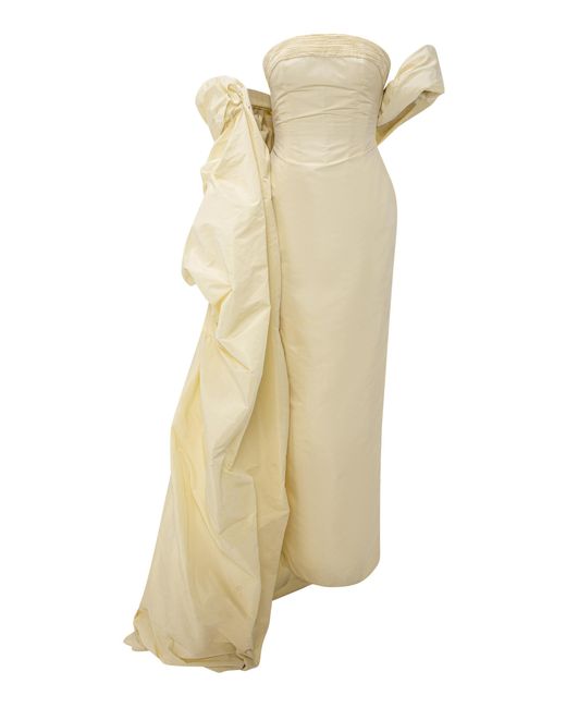 Marmar Halim Natural Strapless Taffeta Maxi Dress With Cape