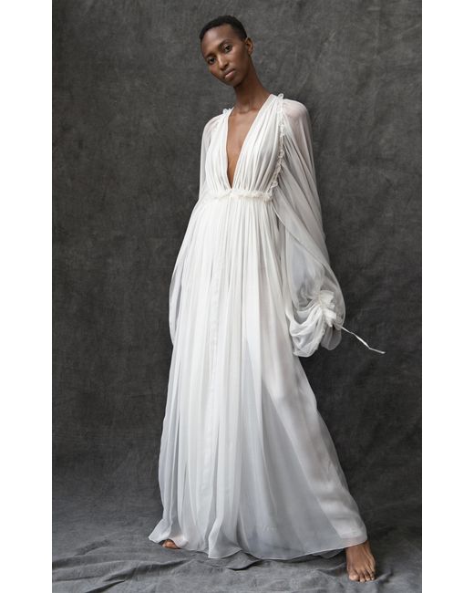 Maison Rabih Kayrouz White Long Sleeve Silk Flowy Gown