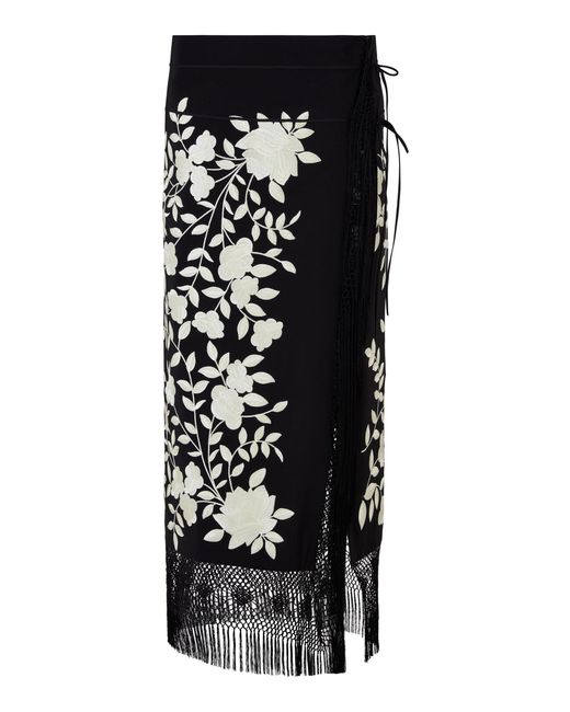 Conner Ives Black Floral Fringed Silk Midi Skirt