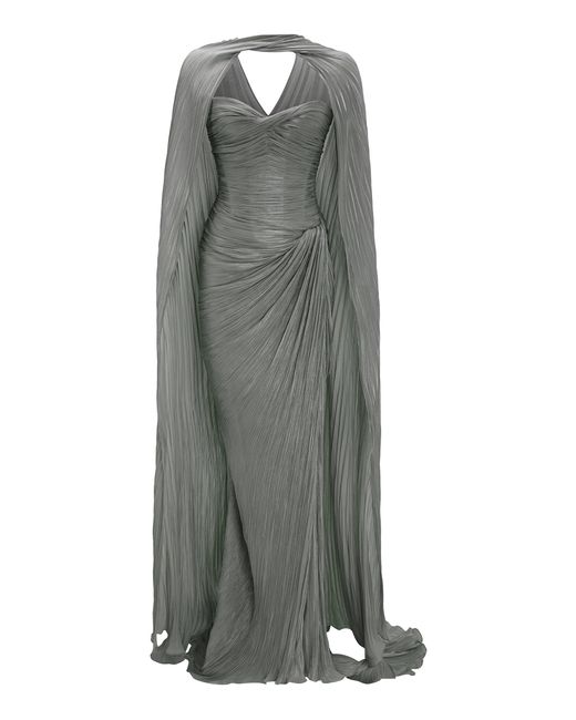 Marmar Halim Gray Pleated Silk Capelet Gown