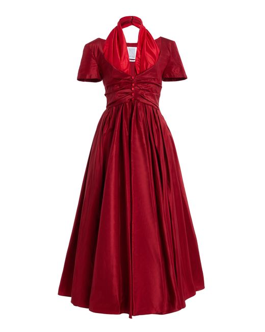 Rosie Assoulin Red Exclusive All Tucked In Silk Midi Halter Dress