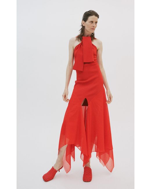 A.W.A.K.E. MODE Red Organza-Paneled Knit Maxi Dress