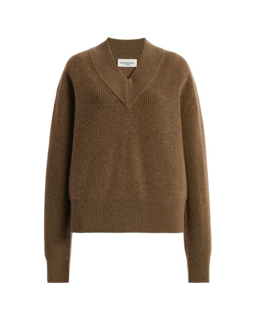 Brandon Maxwell Brown Maris V-Neck Cashmere Sweater