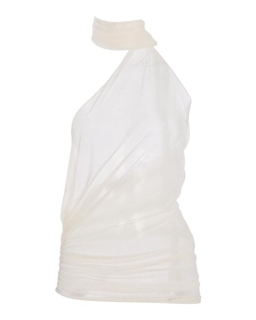 Ludovic de Saint Sernin White Ruched Tulle Sleeveless Top