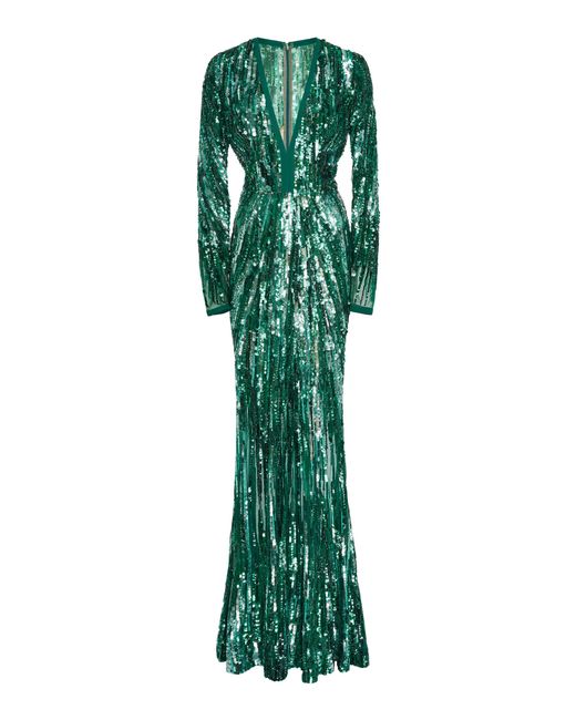 Elie Saab Green Sequin Embroidered Tulle Gown