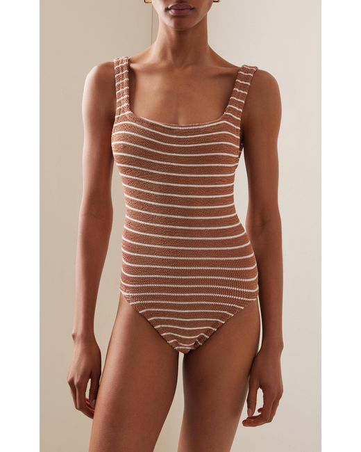 Hunza G Brown Square-neck Seersucker One-piece Swimsuit