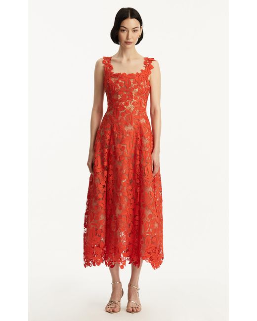 Oscar de la Renta Red Guipure Lace Cocktail Dress