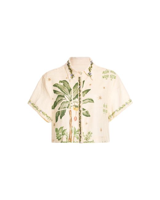 Agua Bendita Metallic Linen Embroidered Palm Print Shirt