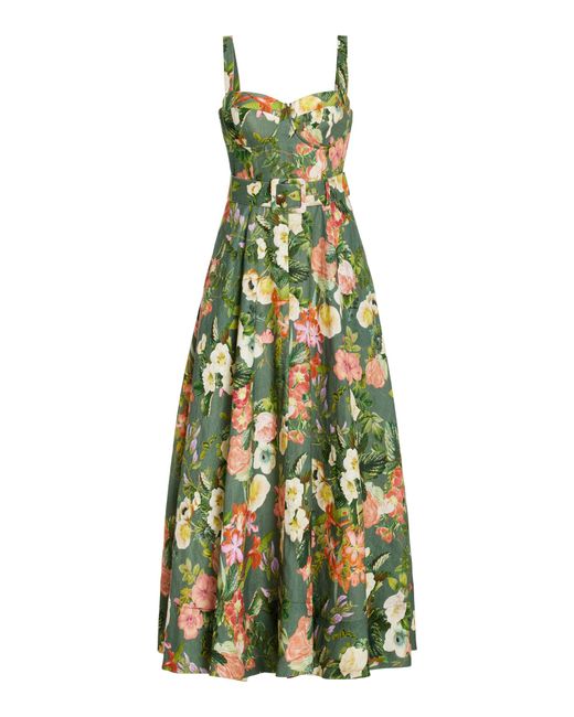 Cara Cara Green Calypso Belted Floral Linen Bustier Midi Dress