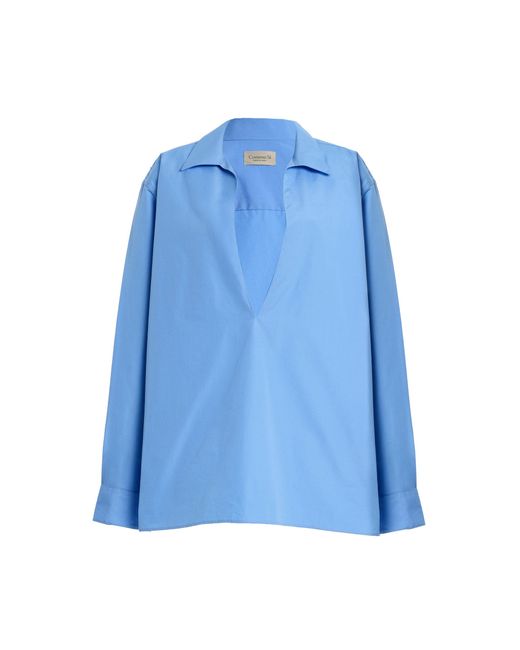 Comme Si Blue Deep V-Neck Cotton-Poplin Shirt