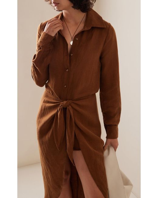 Anemos Brown The L.a. Linen-blend Midi Wrap Shirt Dress