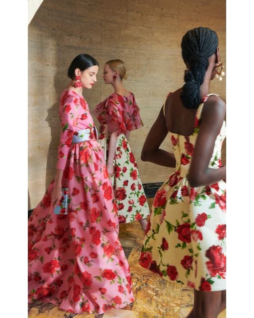 carolina herrera red floral dress Carolina Herrera Floral Print Midi Length Dress - Red Dresses, Clothing - CAO126489