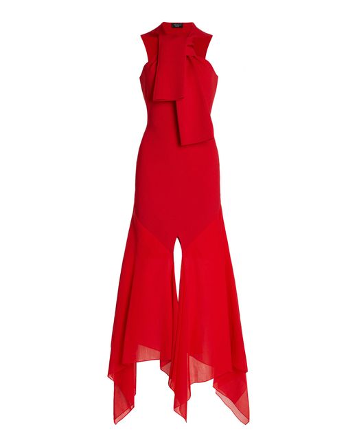 A.W.A.K.E. MODE Red Organza-Paneled Knit Maxi Dress