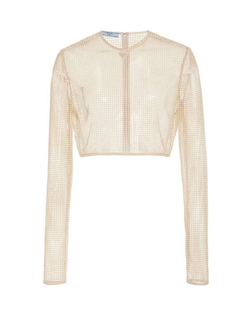 Prada White Pearl-embroidered Mesh Cropped Top
