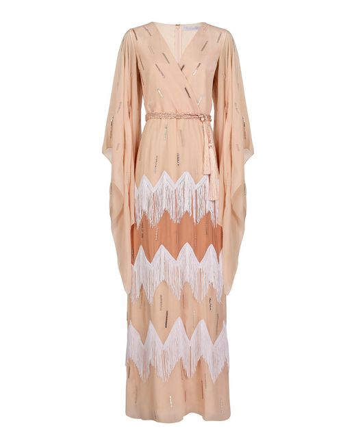 Ola by Ohaila Khan Pink Fringe-Trimmed Embroidered Crepe Maxi Wrap Dress