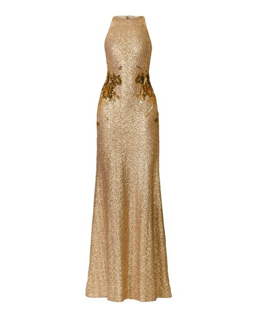 Naeem Khan Natural Halter Stretch Sequin Gown With Hand-Beaded Applique