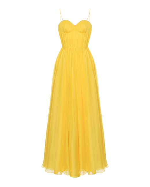 Rasario Yellow Empire-waist Silk Gathered Gown
