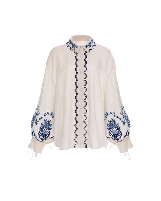 Agua Bendita White Abadia Wild Floral Linen Blouse
