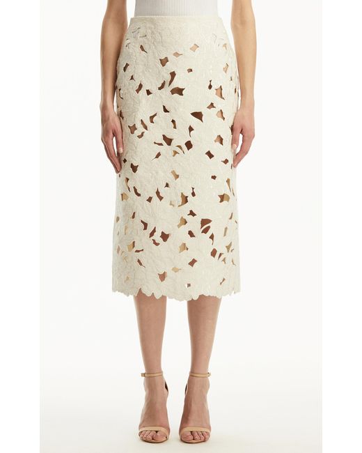 Oscar de la Renta Natural Embroidered Cutout Tweed Midi Skirt