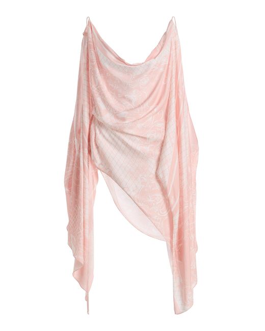 Balmain Pink Open-Shoulder Foulard-Print Flounce Top