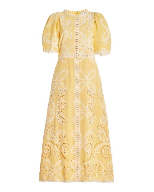Sea Yellow Liat Embroidered Cotton-flex Midi Dress
